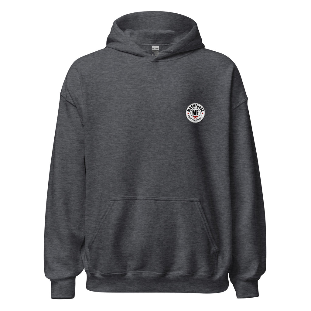 Dark gray hoodie with mashforge logo text on a white background