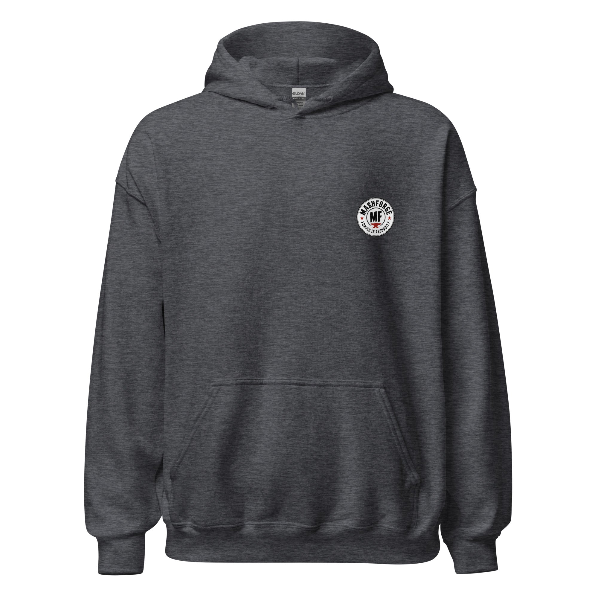Grey hoodie with a printed white Mashforge logo