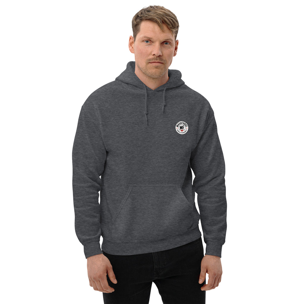grey hoodie with a printed white Mashforge logo