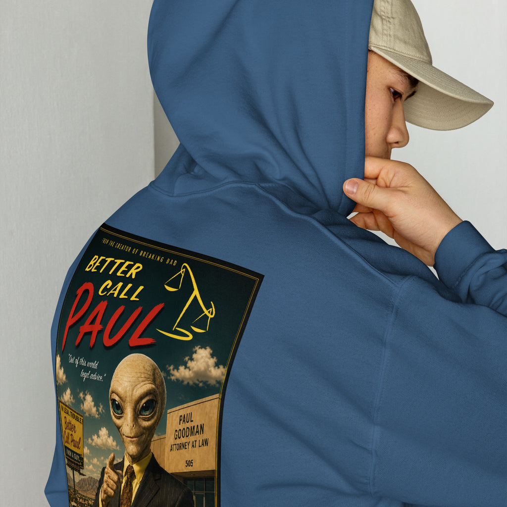 Person wearing a blue hoodie with 'Better Call Paul' design featuring an alien and text.