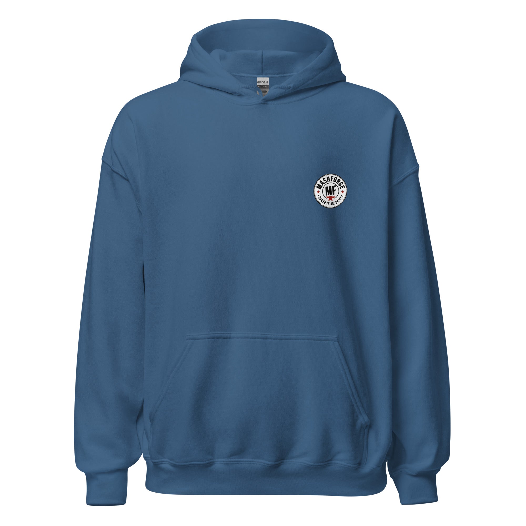 Blue hoodie with a logo on the chest against a white background