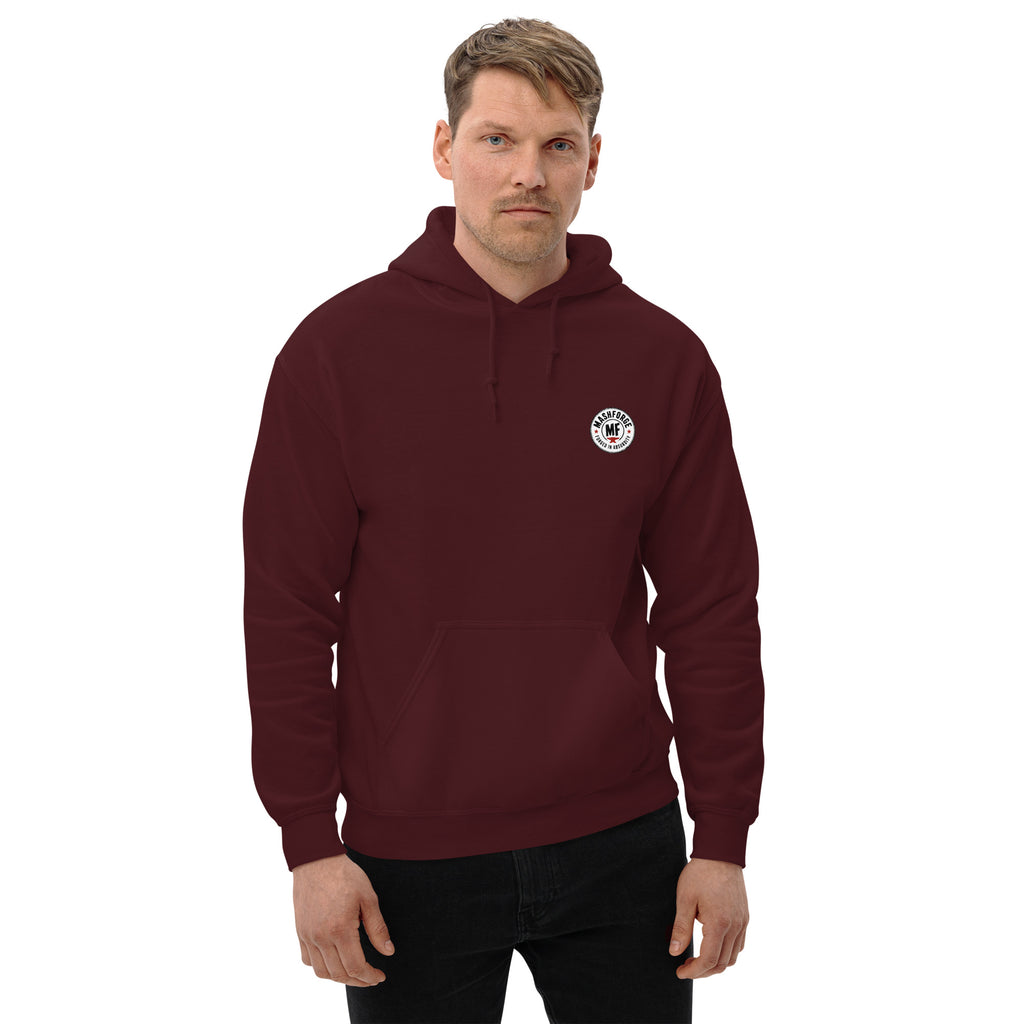Maroon hoodie with a printed white Mashforge logo