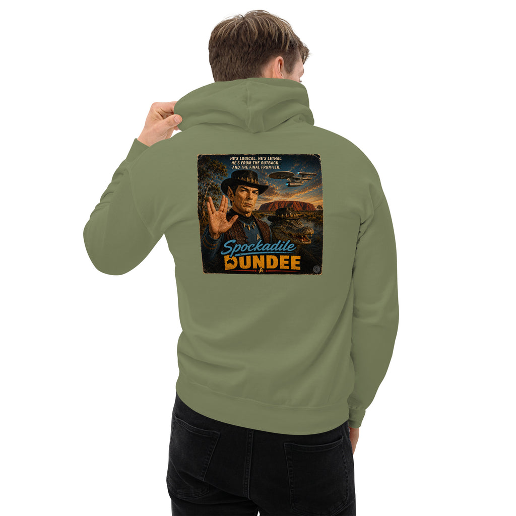 Person wearing a green hoodie with a graphic design on the back, featuring text and a crocodile dundee spock image.
