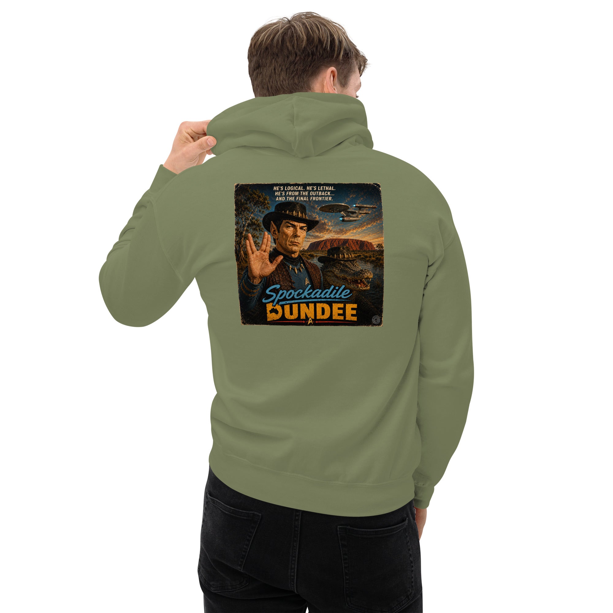Person wearing a green hoodie with a graphic design on the back, featuring text and a crocodile dundee spock image.