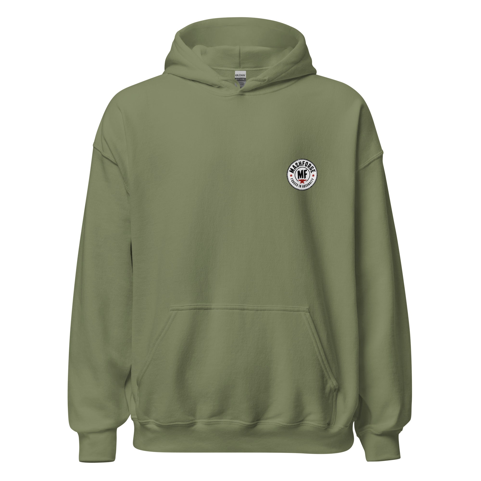 Green hoodie with a printed white Mashforge logo