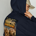 Person wearing a navy hoodie with 'Beyond Tropic Thunderdome' movie poster design on the back.