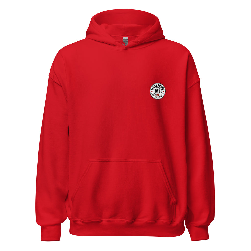 A red hoodie with a printed white Mashforge logo