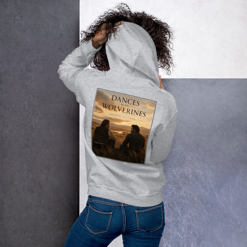 Person wearing a hoodie with a dances with wolves graphic design on the back against a gray background