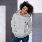 Woman wearing a gray hoodie with a mashforge logo on a gray and white background