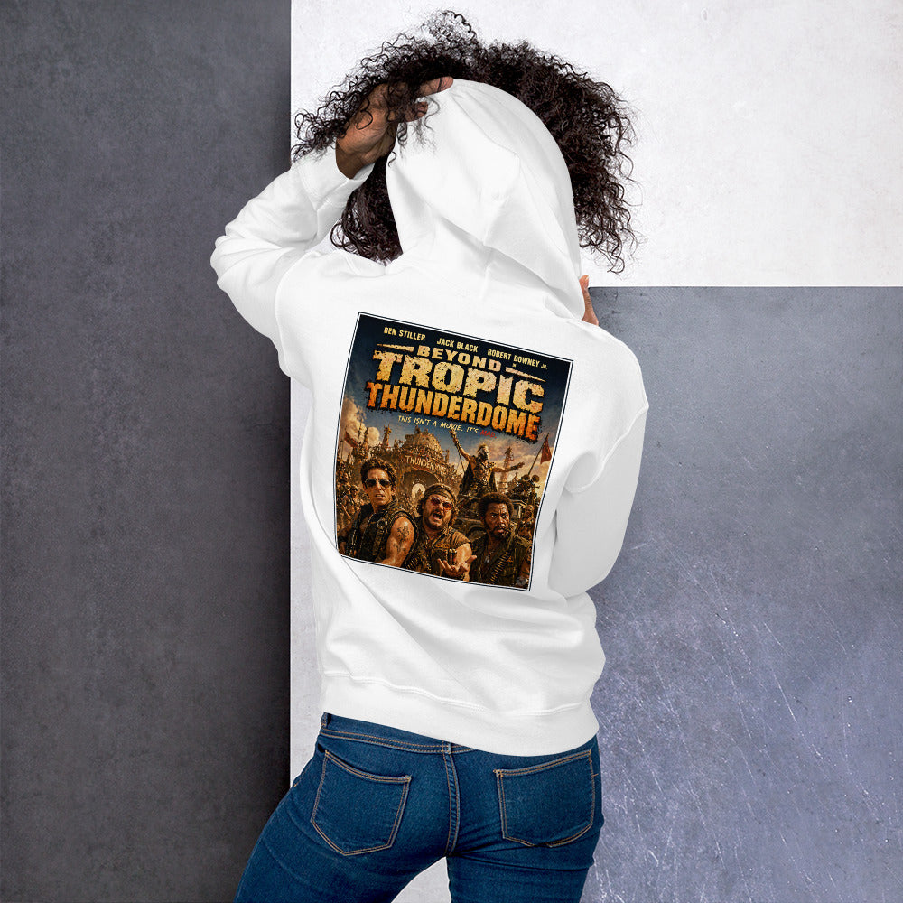 Person wearing a white hoodie with 'Tropic Thunder' movie poster design on a gray and white background