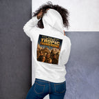Person wearing a white hoodie with 'Tropic Thunder' movie poster design on a gray and white background