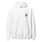 White hoodie with a logo on the chest against a white background