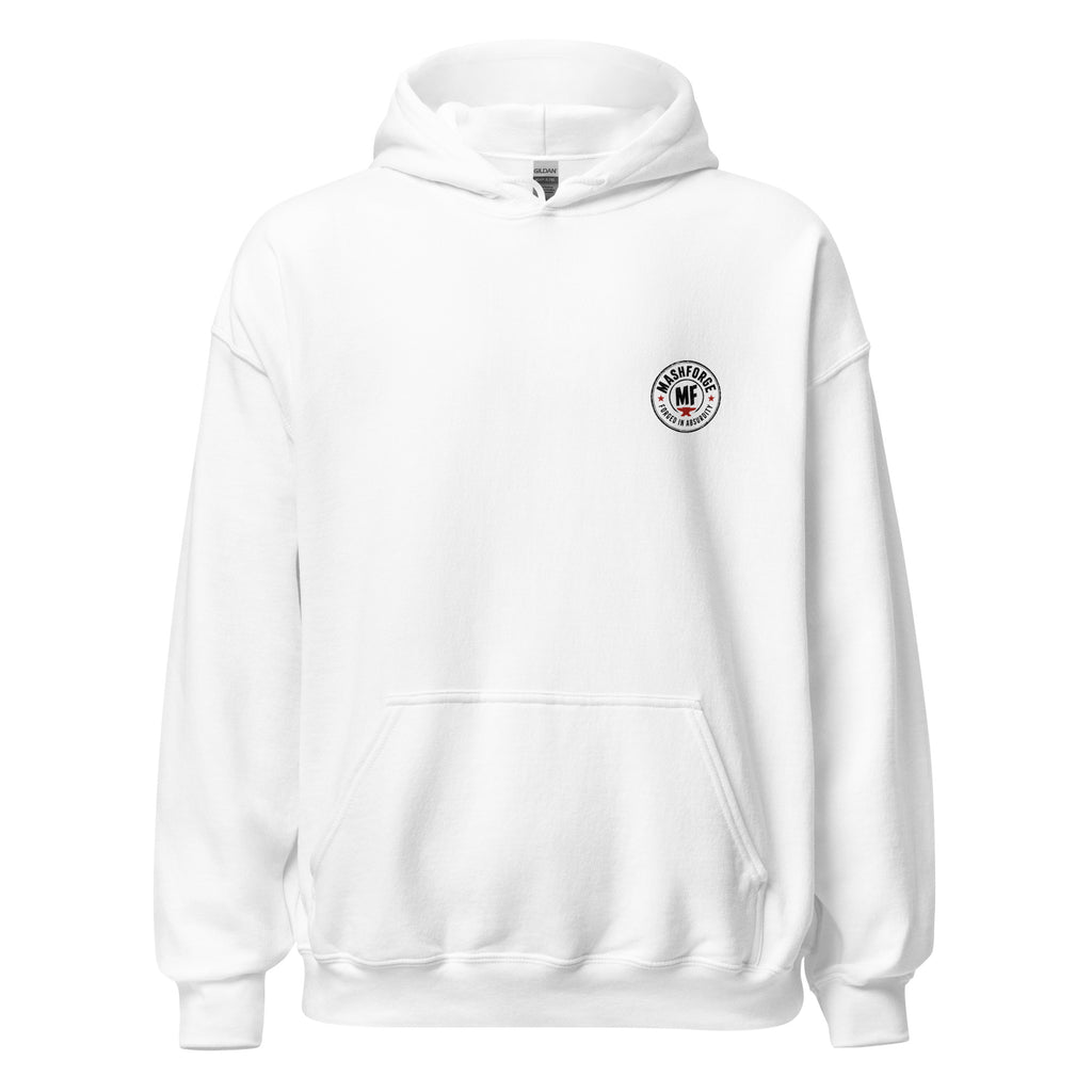 White hoodie with a printed white Mashforge logo