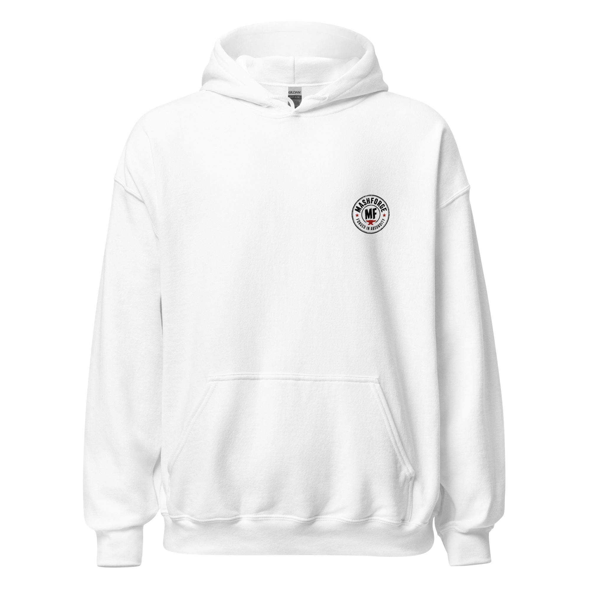 White hoodie with a printed white Mashforge logo