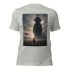 Funny grey t-shirt with 'Arrival' movie poster design featuring a silhouette of a teletubby and a person.