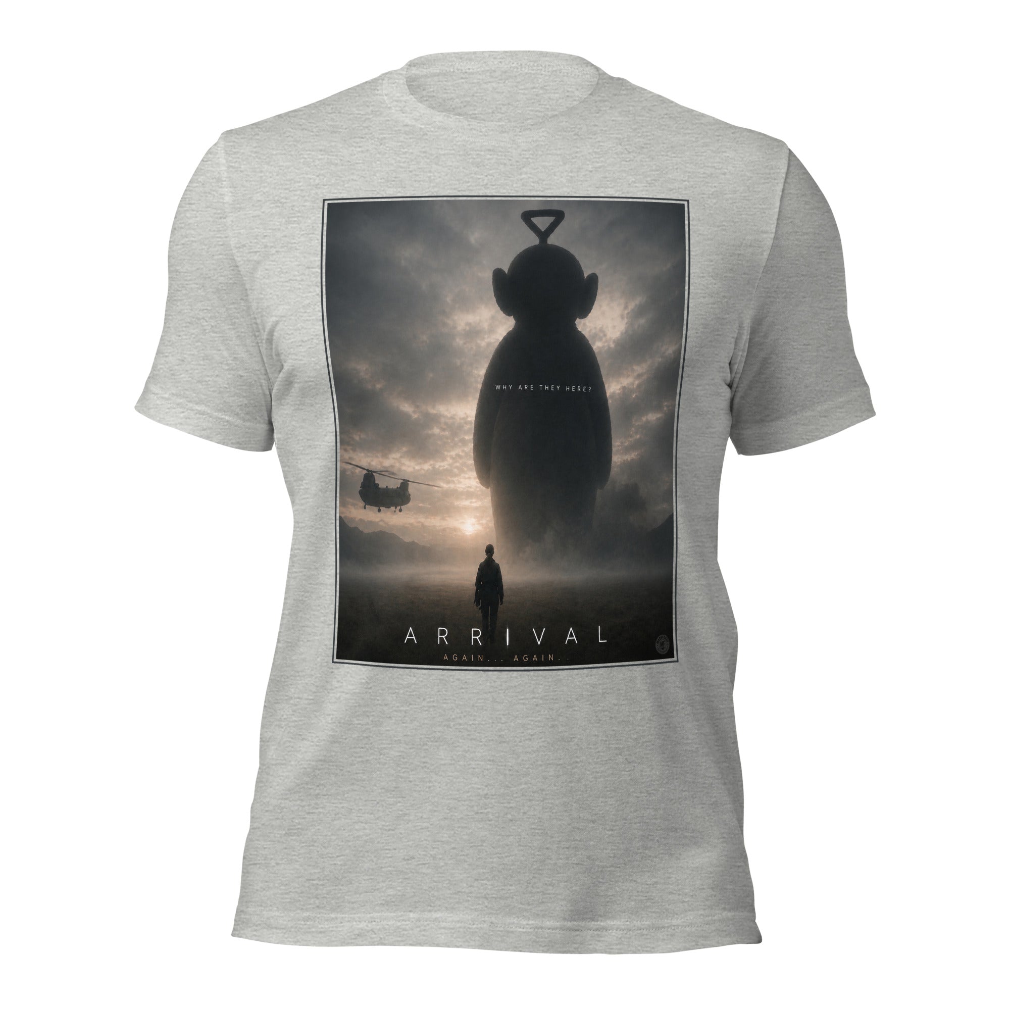 Funny grey t-shirt with 'Arrival' movie poster design featuring a silhouette of a teletubby and a person.