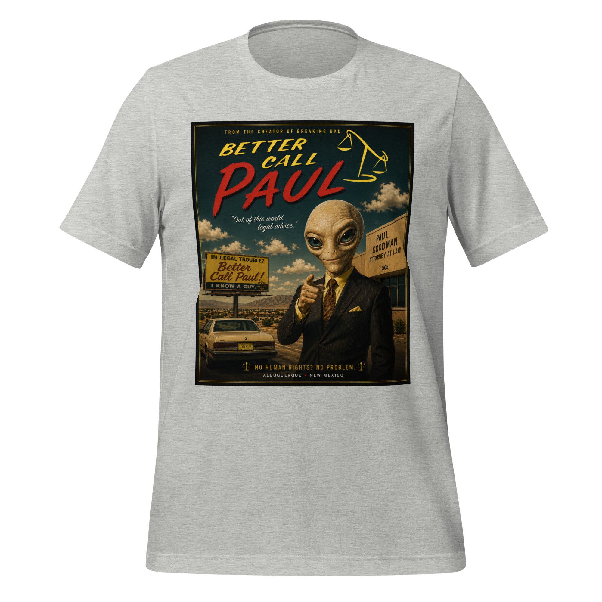 Gray t-shirt with 'Better Call Paul' alien lawyer graphic design on a white background