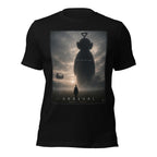 Black t-shirt with funny 'Arrival' movie poster parody design featuring a teletubby silhouette of a figure and alien.