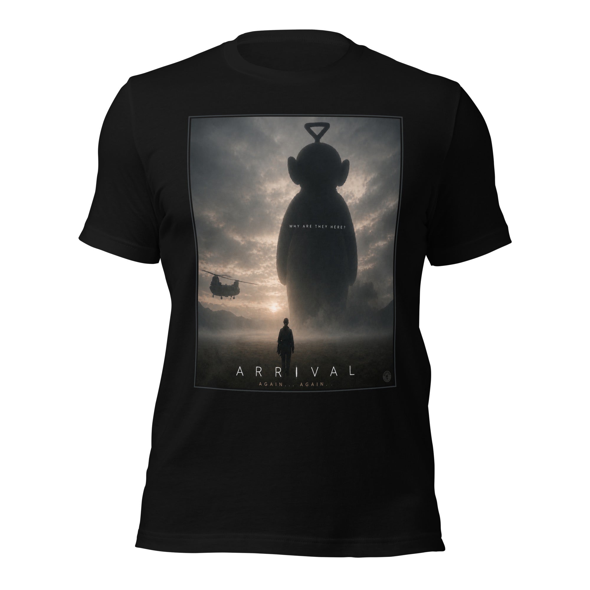 Black t-shirt with funny 'Arrival' movie poster parody design featuring a teletubby silhouette of a figure and alien.