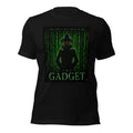 Black t-shirt with 'The Gadget' graphic design featuring an inspector gadget silhouette and matrix inspired green text on a white background