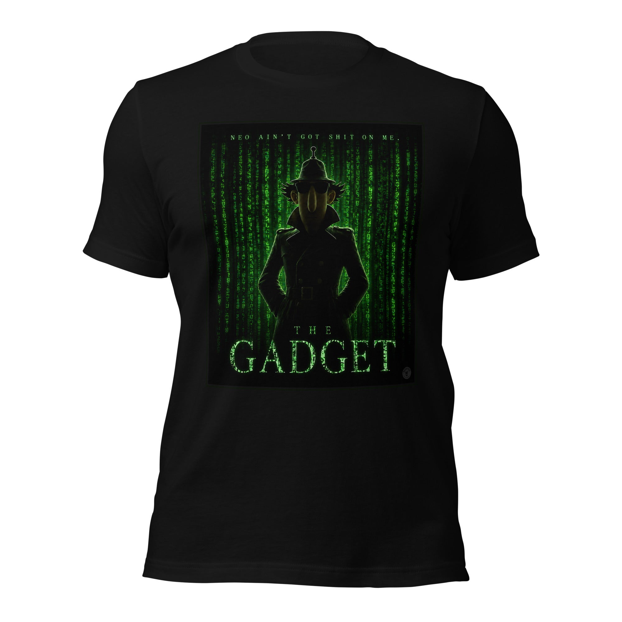 Black t-shirt with 'The Gadget' graphic design featuring an inspector gadget silhouette and matrix inspired green text on a white background