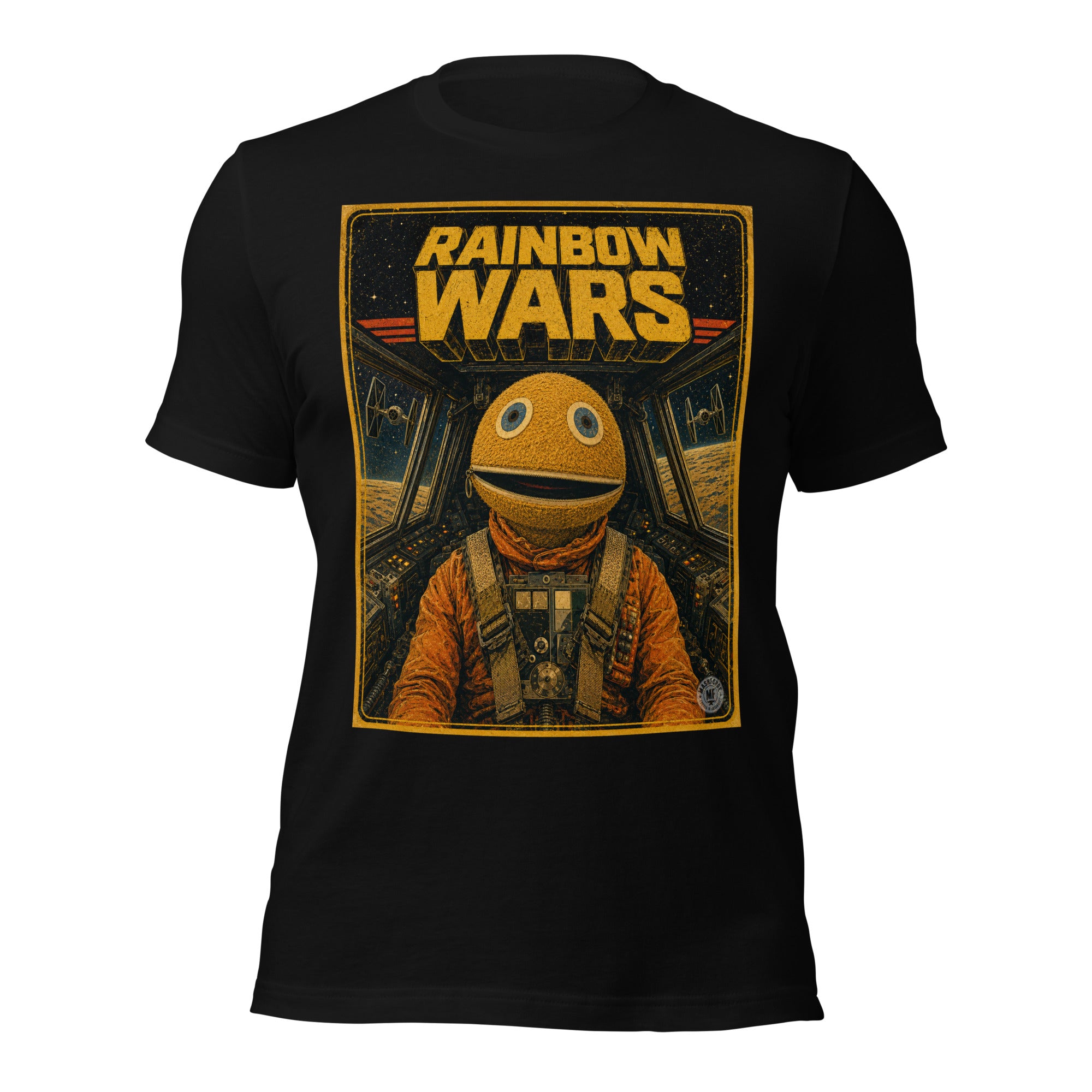 Black t-shirt with 'Rainbow Wars' graphic design featuring the Zippy character in a star wars spaceship cockpit.