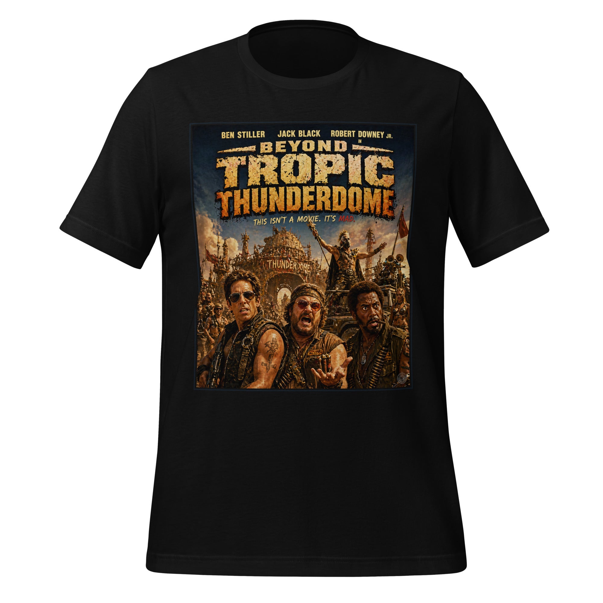 Black t-shirt with 'Beyond the Tropic Thunderdome' movie poster design on a white background