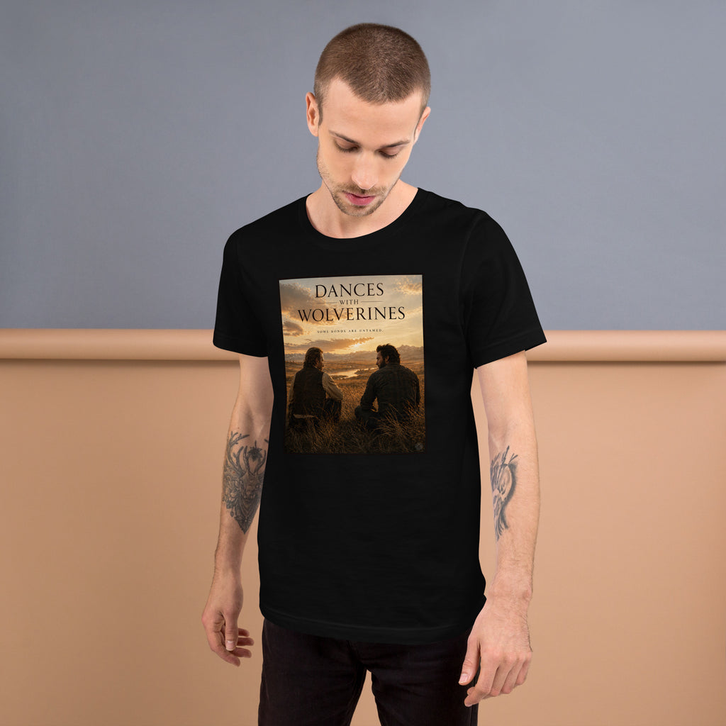 Man wearing a black t-shirt with a graphic design on a plain background