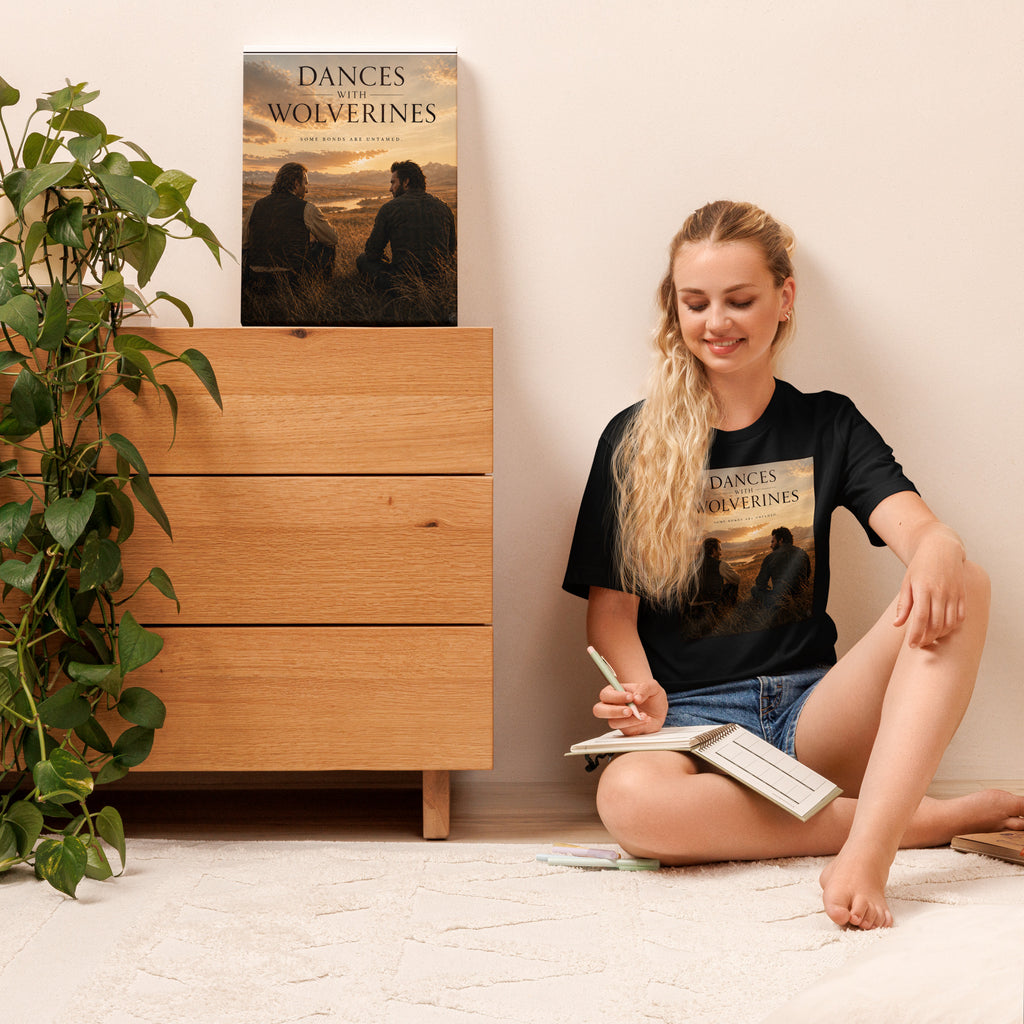Woman sitting on the floor reading a book with a 'Dances with Wolverines' t-shirt and poster in the background.
