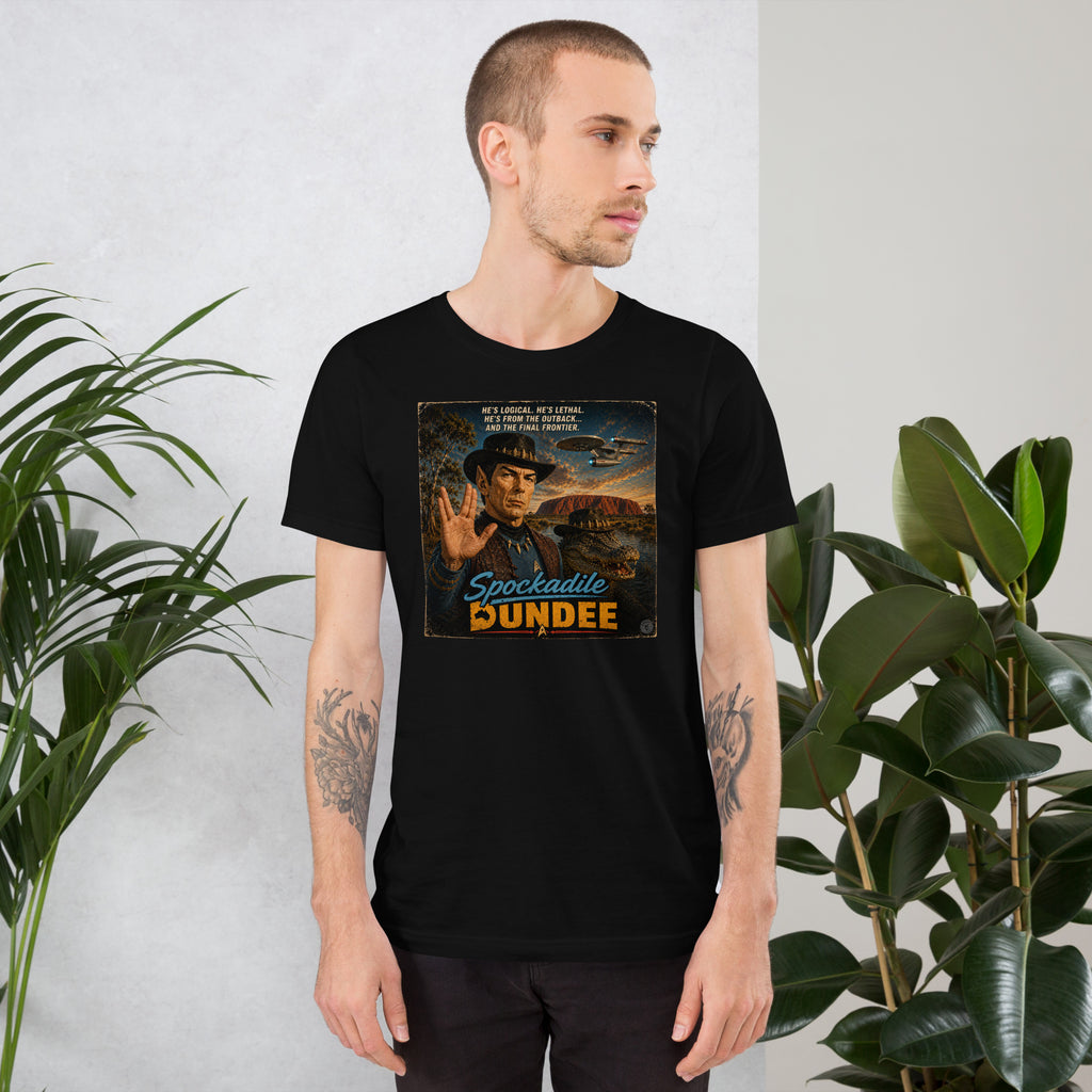 Man wearing a black t-shirt with text standing in front of plants