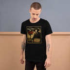a man wearing a black tshirt with a funny there will be cud cow print