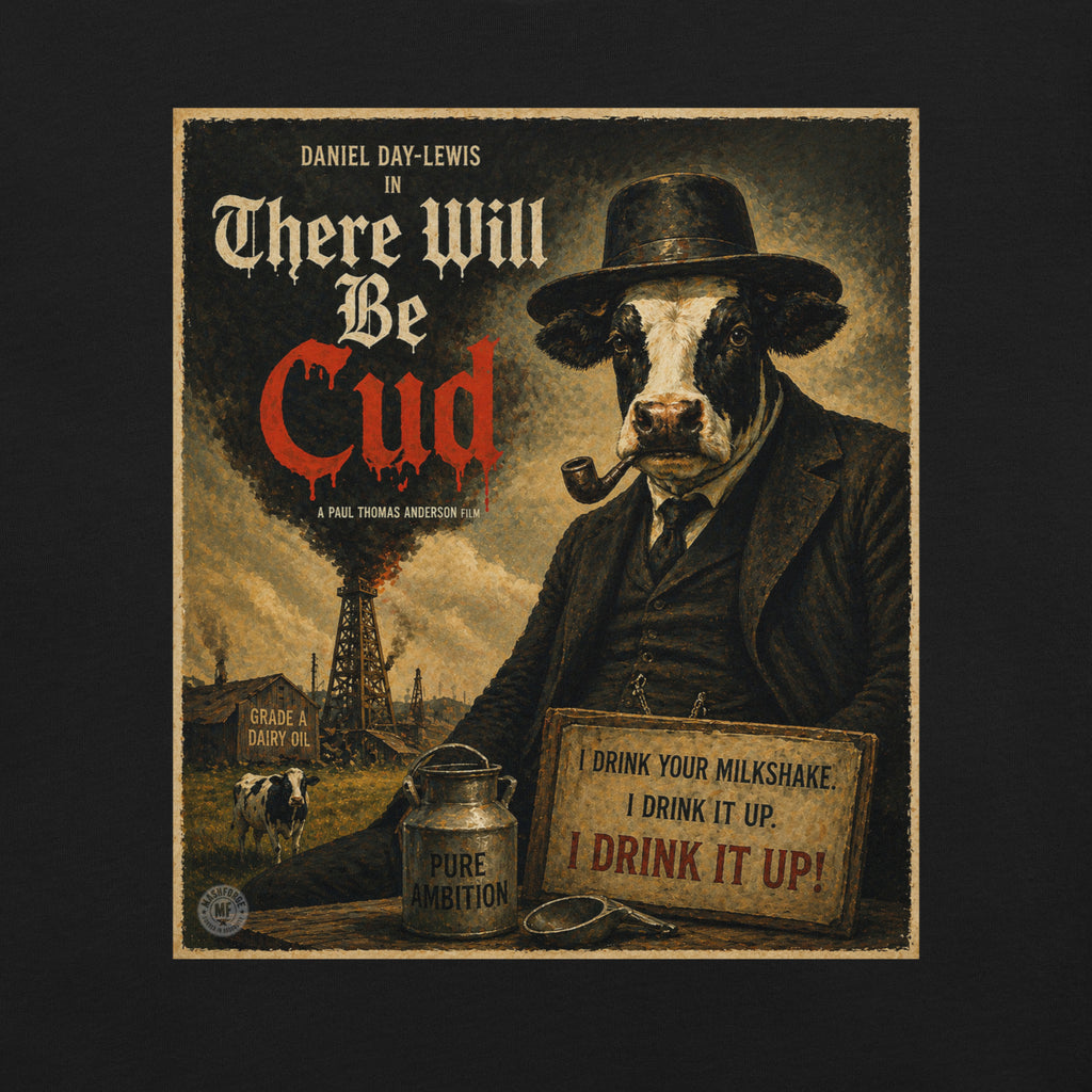 Vintage-style poster with a cow in human clothing and text about 'There Will Be Cud'.