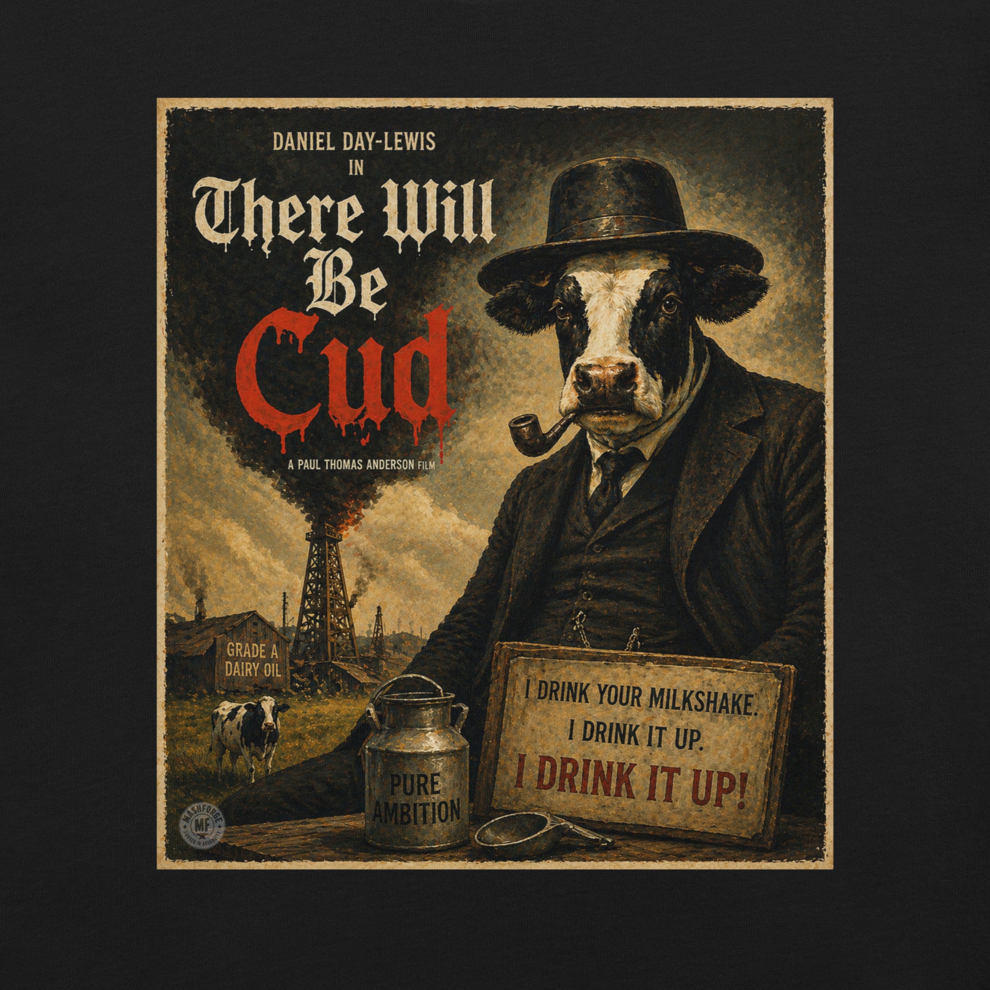 Vintage-style poster with a cow in human clothing and text about 'There Will Be Cud'.
