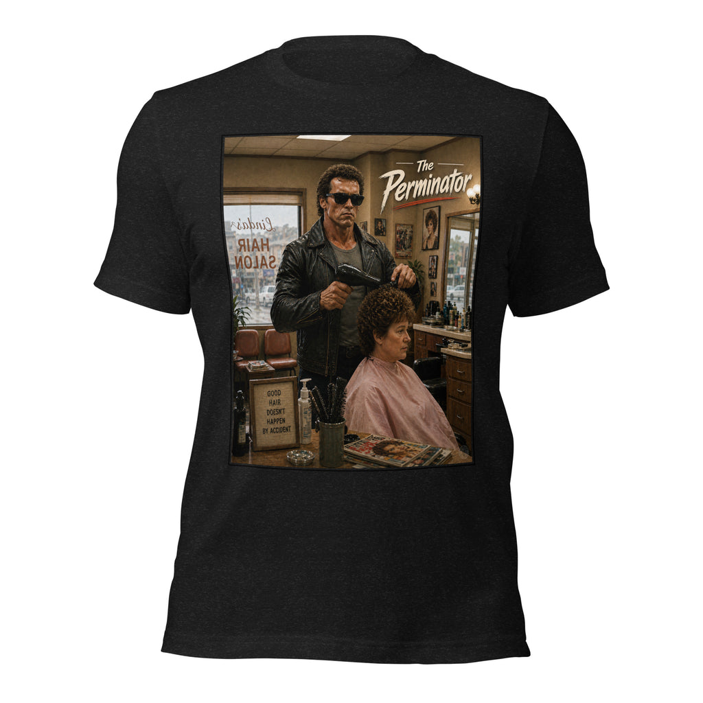 Black t-shirt with a graphic of The terminator giving a haircut and 'The Perminator' text.