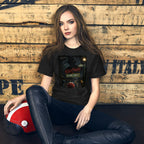 Person wearing a black t-shirt with 'Nightmare on Sesame Street' graphic, sitting against a wooden wall.