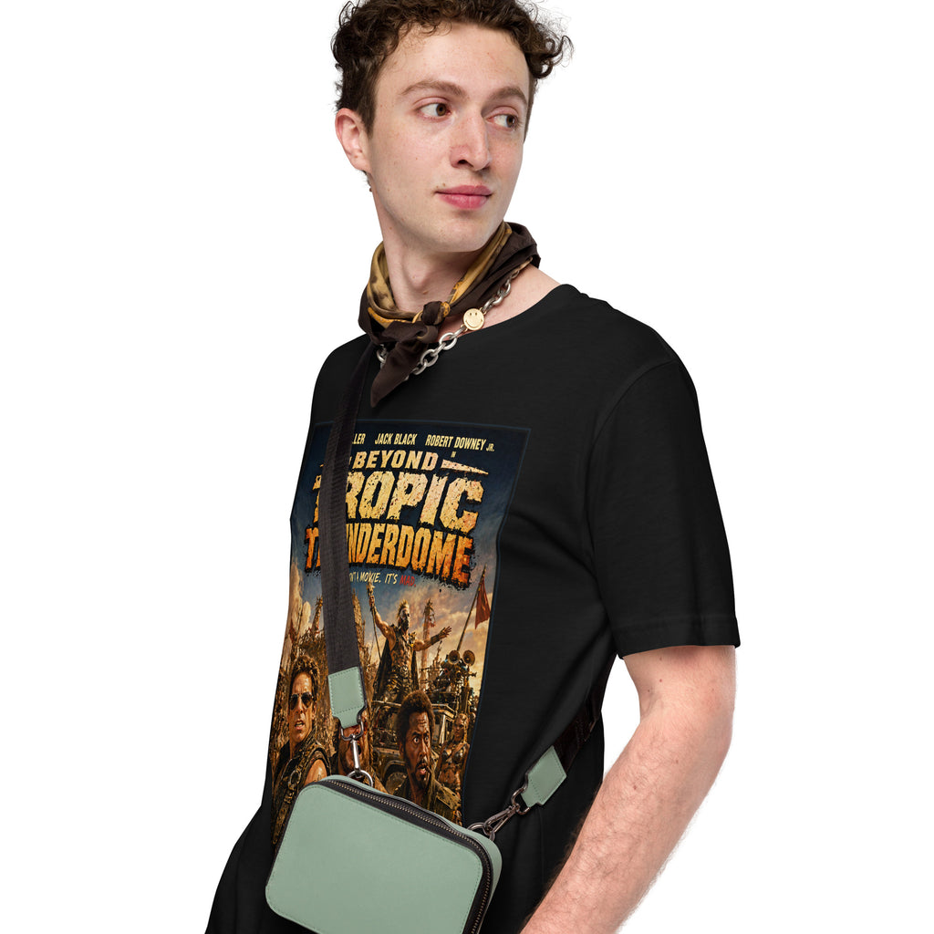 Man wearing a black t-shirt with 'Beyond Tropic Thunderdome' graphic design.