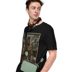 Man wearing a black t-shirt with graphic design on a white background