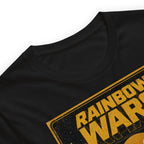 Black t-shirt with gold 'Rainbow Wars' text on a white background