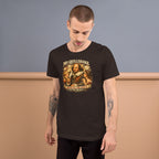 Man wearing a black t-shirt with a graphic design and text, standing against a plain background.