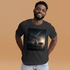 Man wearing a black t-shirt with 'Interstellar' movie poster design on a beige background