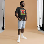 Man wearing a black t-shirt with a graphic design, standing against a brown backdrop.