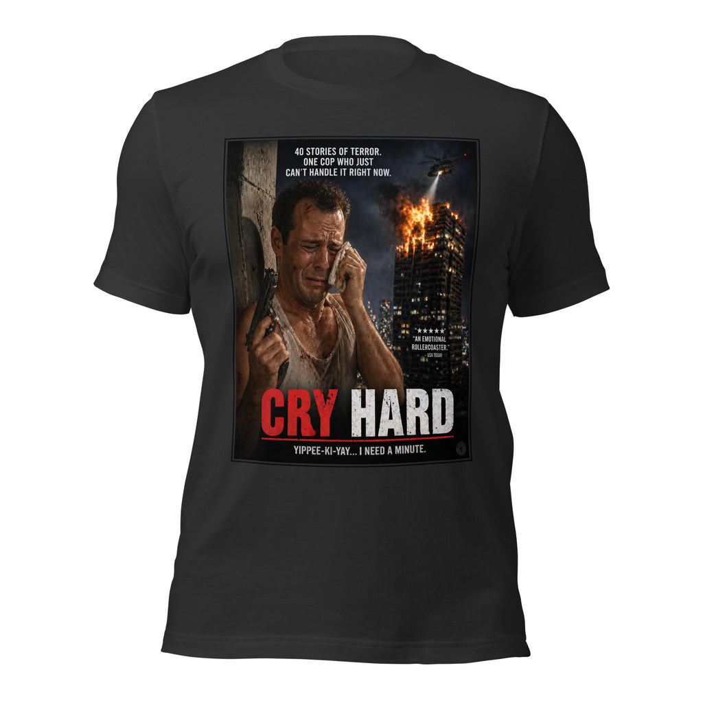 Black t-shirt with a graphic design featuring a crying man with a weapon and text 'Cry Hard' on a white background.