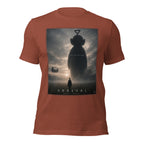 A funny brown t-shirt with 'Arrival' movie poster design featuring a silhouette of a teletubby figure and alien.