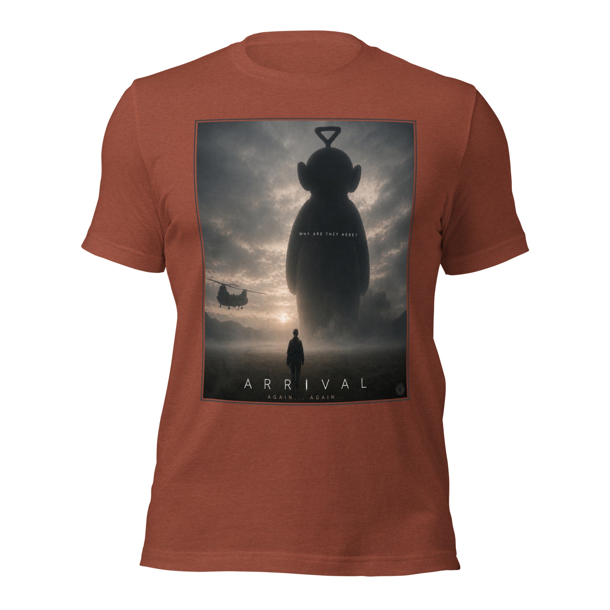 A funny brown t-shirt with 'Arrival' movie poster design featuring a silhouette of a teletubby figure and alien.