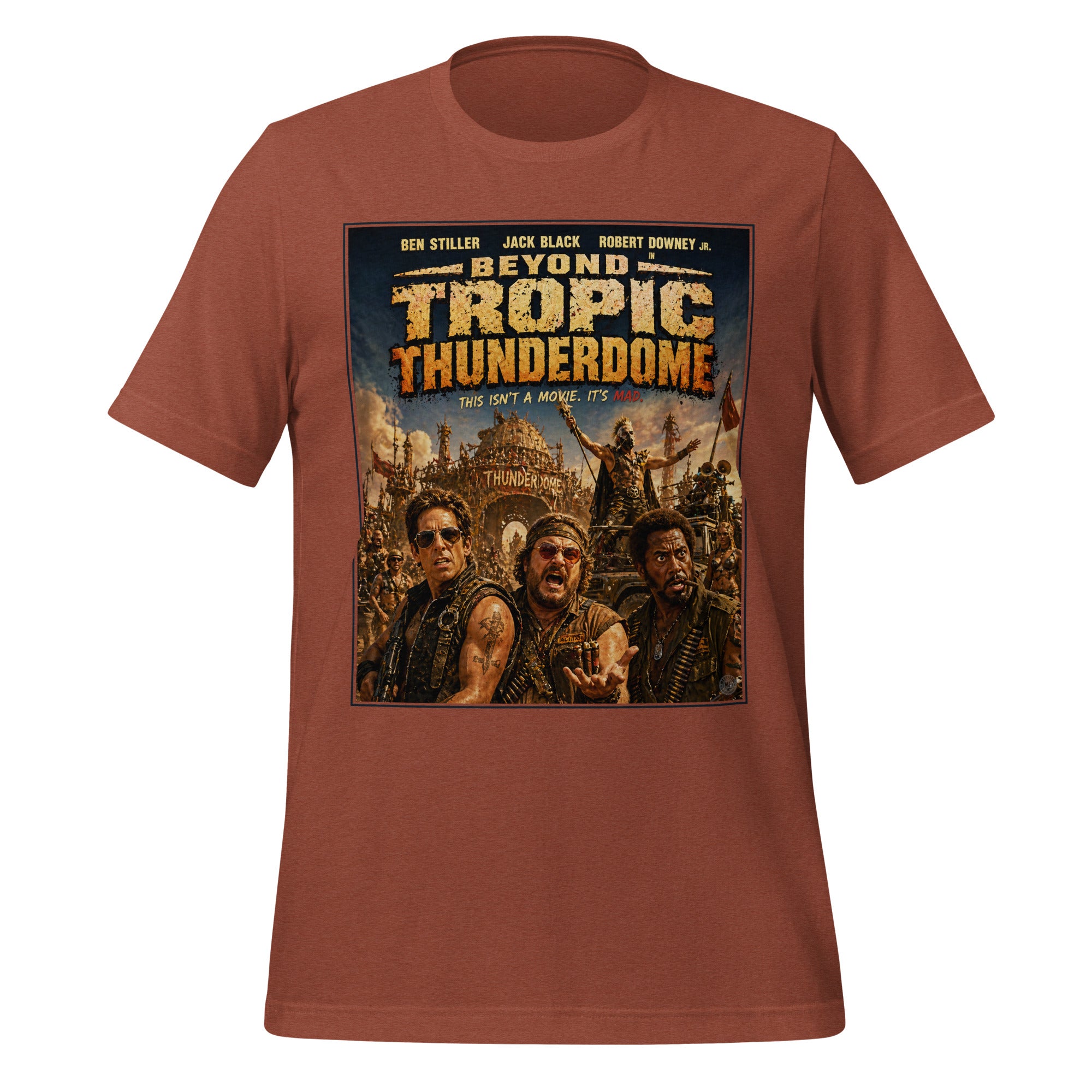 Brown t-shirt with 'Beyond Tropic Thunderdome' graphic design on a white background