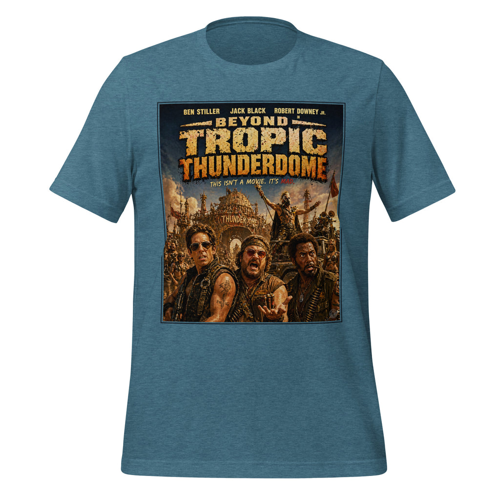 Blue t-shirt with 'Beyond the Tropic Thunderdome' graphic design on a white background