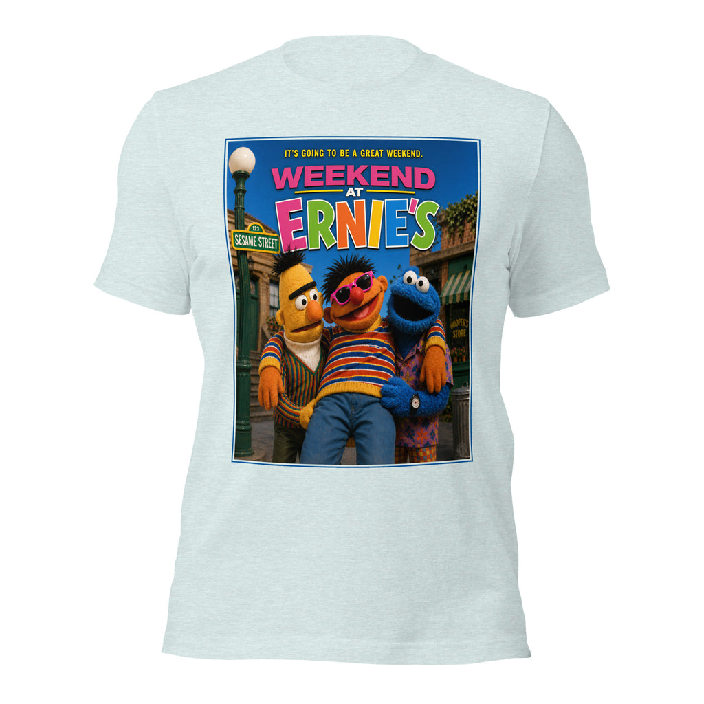 White t-shirt with 'Weekend at Ernie's' graphic featuring sesame street like puppets on a white background