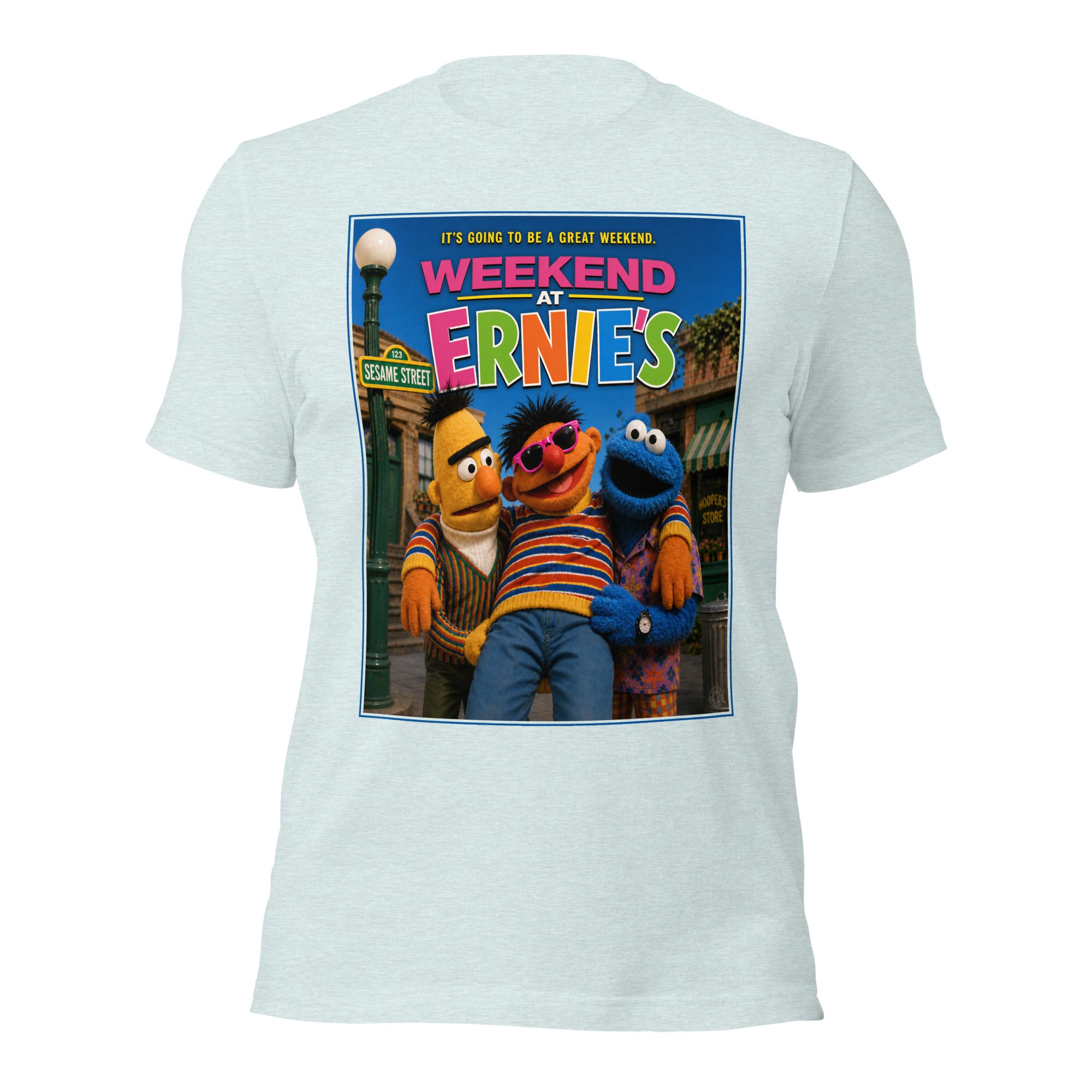 White t-shirt with 'Weekend at Ernie's' graphic featuring sesame street like puppets on a white background