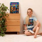 Woman sitting on the floor reading a book with 'Weekend at Ernies' cover, next to a wooden dresser with the same book.