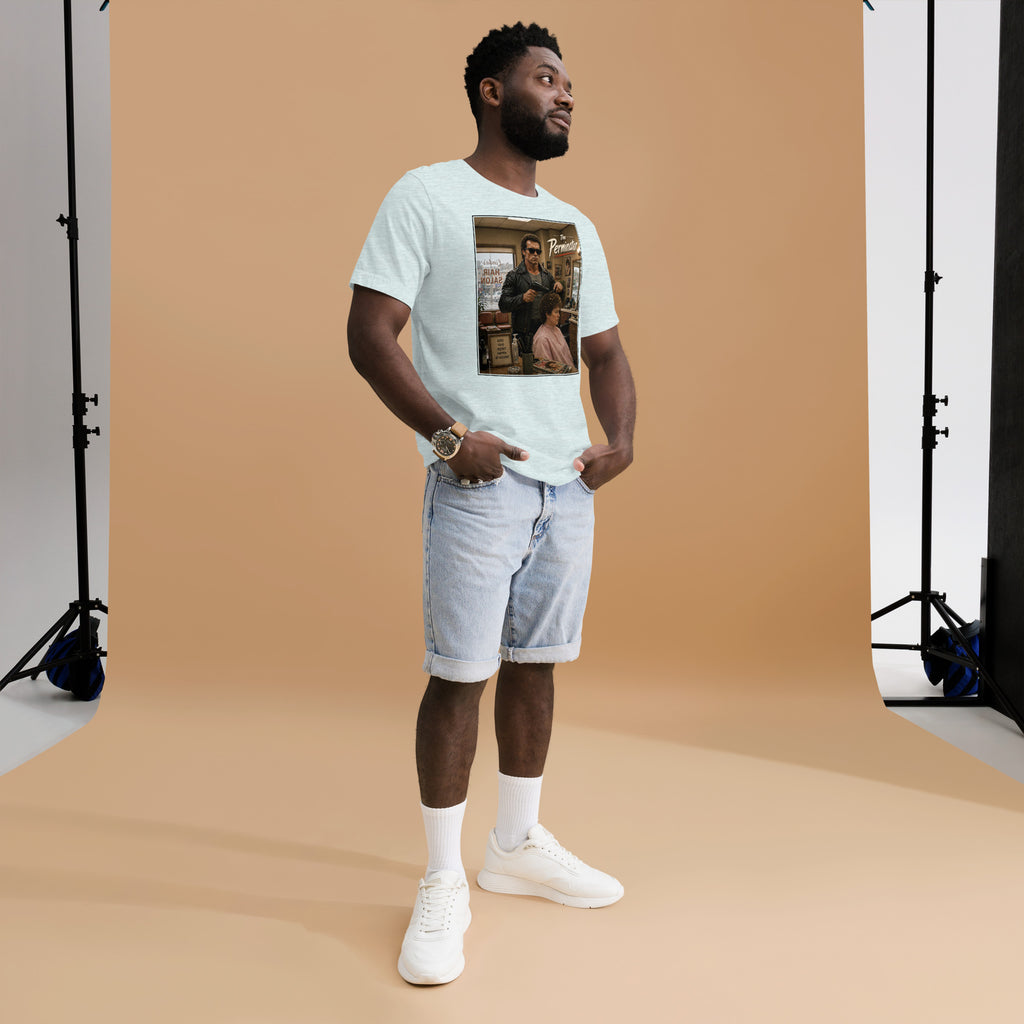 Man wearing a white mashforge t-shirt with a graphic design, standing against a brown backdrop in a studio setting.